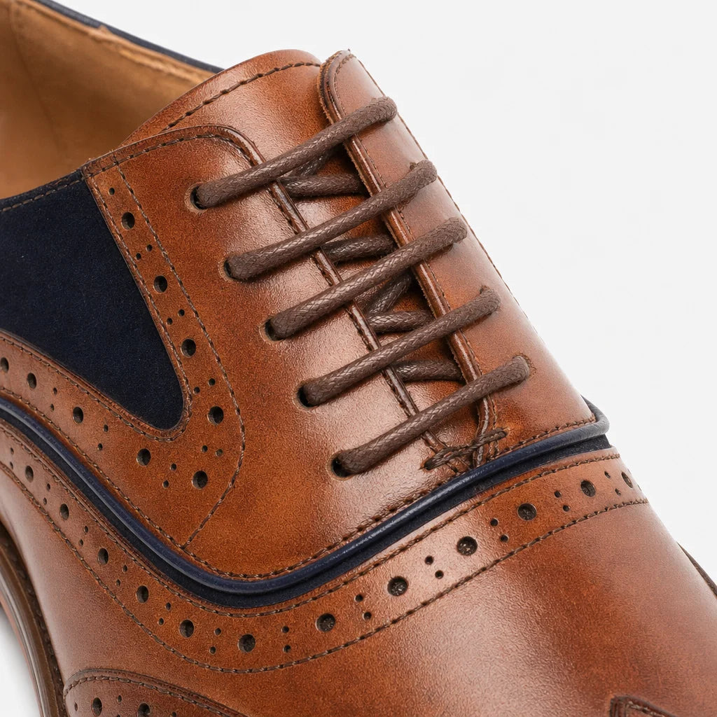 Goor GRANT Mens Brogue Oxford Shoes  - M499B - Dark Tan/Navy